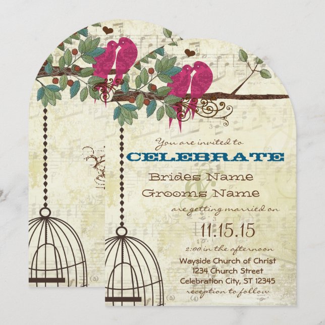 Invitación Aves De Amor Verde azulado Rosa Sentadas En Un Bod (Anverso / Reverso)