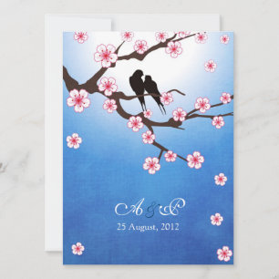 Invitación Aves de amor y Sakura - Fondo azul
