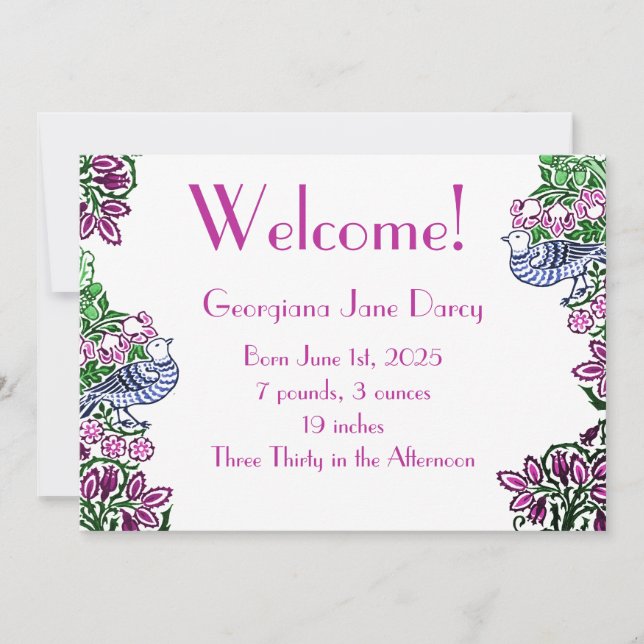 Invitación Aves de Arte Popular Flores Acorns Blue (Anverso)