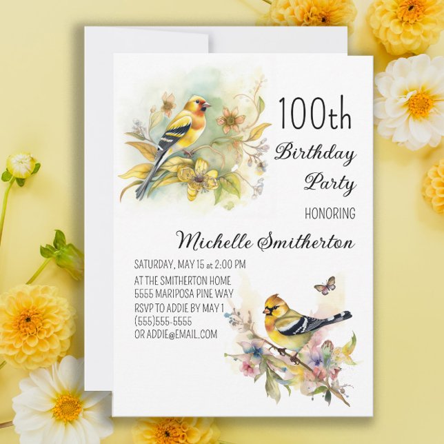 Invitación Aves de época amarillas Goldfinch 100 cumpleaños (Subido por el creador)