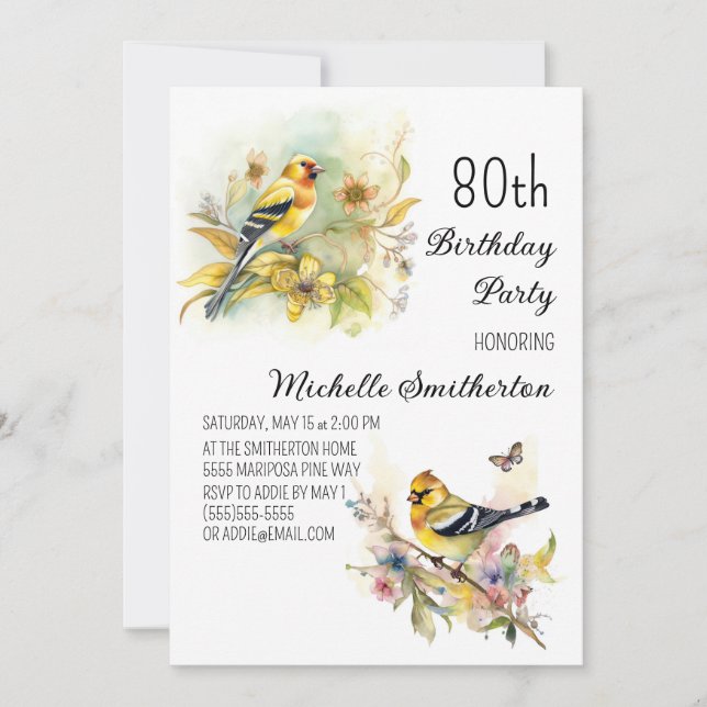 Invitación Aves de época amarillas Goldfinch 80 cumpleaños (Anverso)