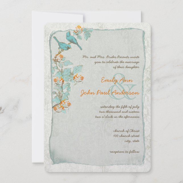 Invitación Aves de época Boda turquesa y Damasco Naranja (Anverso)