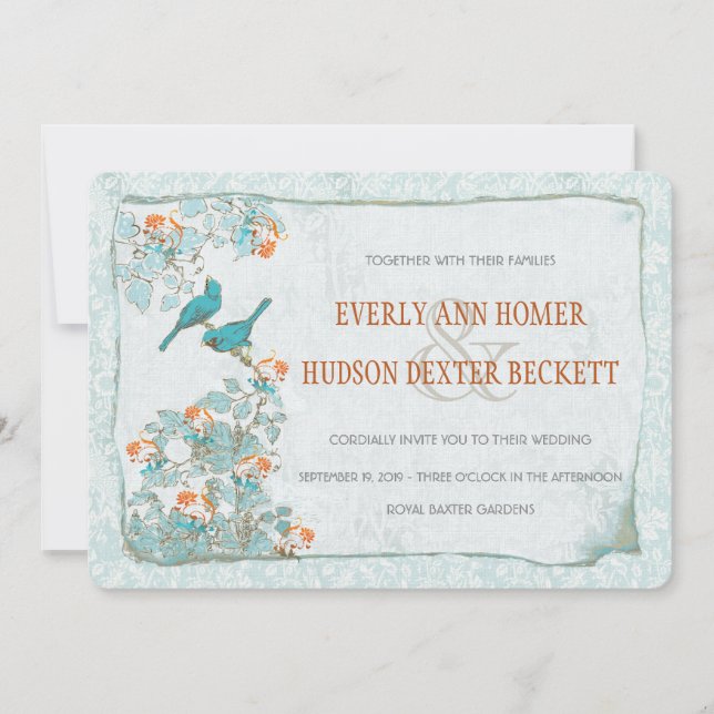 Invitación Aves de época Boda turquesa y Damasco Naranja (Anverso)