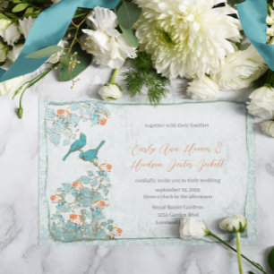 Invitación Aves de época Boda turquesa y Damasco Naranja