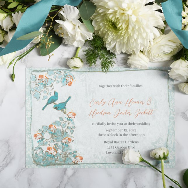 Invitación Aves de época Boda turquesa y Damasco Naranja (Subido por el creador)