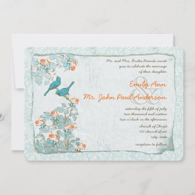 Invitación Aves de época Boda turquesa y Damasco Naranja (Anverso)