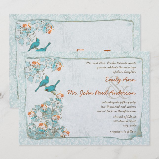 Invitación Aves de época Boda turquesa y Damasco Naranja (Anverso / Reverso)