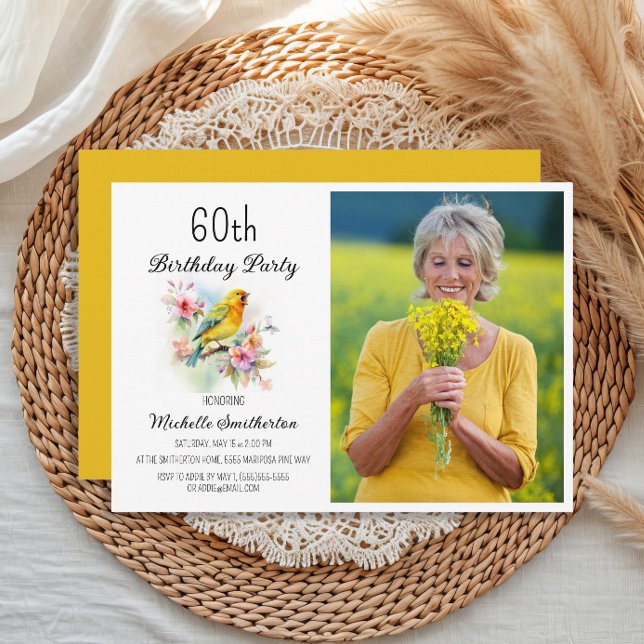 Invitación Aves de época Canarias Flores 60 años foto de cump (Yellow canary women's 60th birthday party photo invitation)