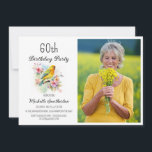 Invitación Aves de época Canarias Flores 60 años foto de cump<br><div class="desc">Bonito vintage 60 cumpleaños foto invitación con canarios amarillos cantando en las ramas de un árbol floreciendo con flores de primavera. Contáctame para obtener ayuda con tus personalizaciones o para solicitar productos adicionales de correspondencias o coordinación de Zazzle para tu celebración.</div>