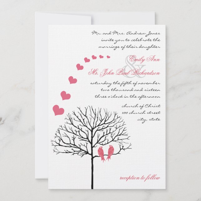 Invitación Aves de época invitan a una boda rosada de chupa d (Anverso)