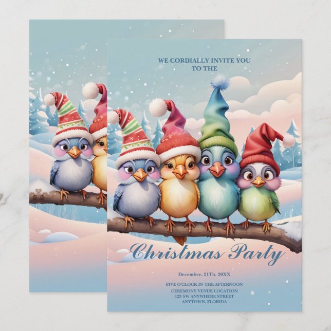 Invitación Aves de fantasía con Navidades gorras. (Anverso / Reverso)
