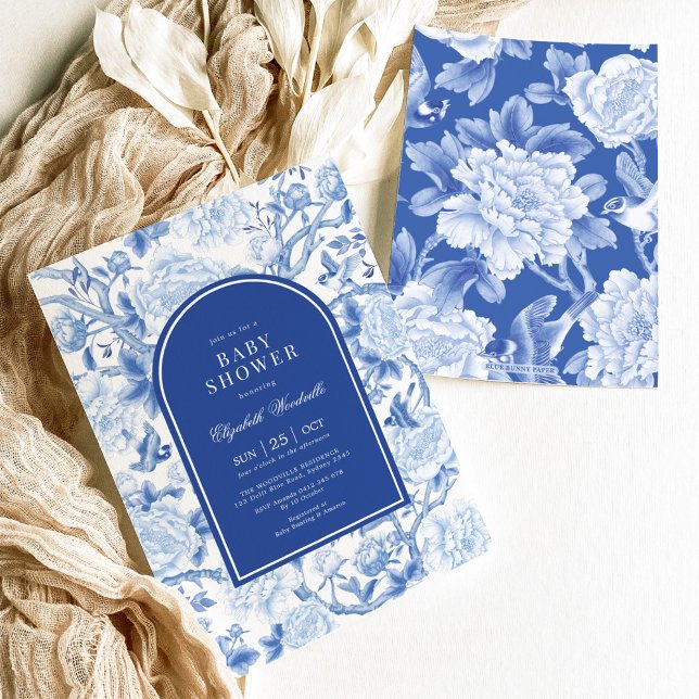 Invitación Aves de la Chinoiserie blanca azul Flores Baby Sho (Subido por el creador)