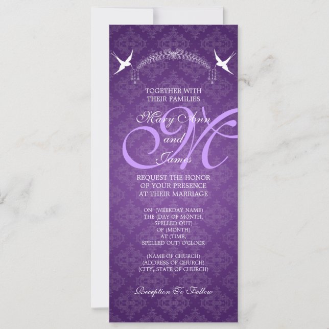 Invitación Aves de matrimonio elegantes Monograma púrpura (Anverso)