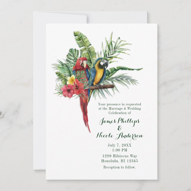Invitación Aves de Paraíso Isla Floral Tropical Boda (Anverso)