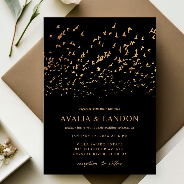 Invitación Aves elegantes de una pluma negra y Boda de oro (Subido por el creador)