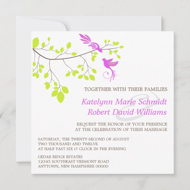 Invitación Aves elegantes en una rama Boda morado y verde (Anverso)