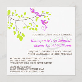 Invitación Aves elegantes en una rama Boda morado y verde