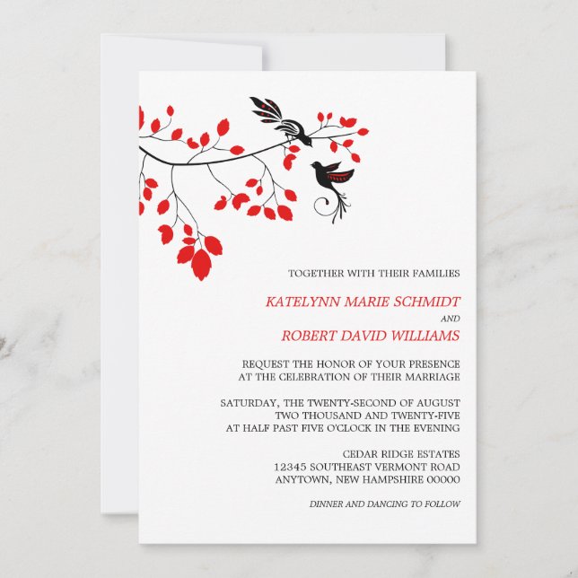 Invitación Aves elegantes en una rama Boda rojo y negro (Anverso)