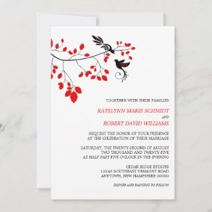 Invitación Aves elegantes en una rama Boda rojo y negro