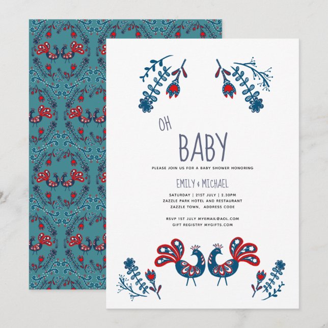 Invitación Aves escandinavas invitadas a Baby Shower de arte  (Anverso / Reverso)