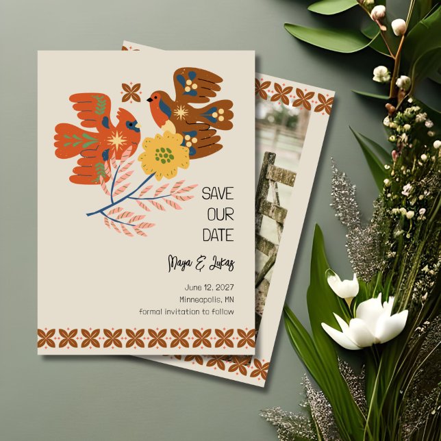 Invitación Aves extravagantes Arte Popular Salvar la fecha (Our easy-to-use template allows you to personalize this design in no time. )
