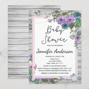 Invitación Aves florales de madera rústica Luces Baby Shower