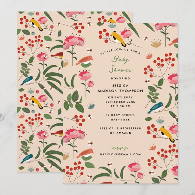 Invitación Aves florales dibujadas a mano Abejas Baby Shower  (Anverso / Reverso)