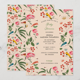 Invitación Aves florales dibujadas a mano Abejas Baby Shower 
