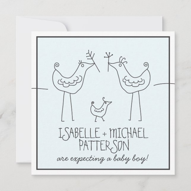 Invitación Aves graciosas Parejas Familiares Modernas Bebé Du (Anverso)