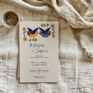 Invitación Aves Mexicanas Floral Azul Amarillo Encantadora Bo