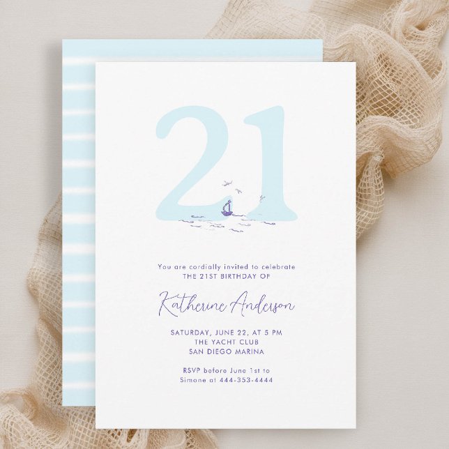Invitación Aves náuticas costeras modernas cumpleaños 21 (21st birthday invitation coastal nautical boat birds yacht beach waterfront ocean marina modern)