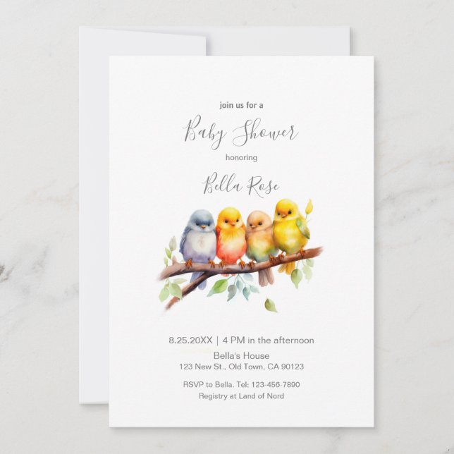 Invitación Aves pequeñas en la rama del árbol en Baby Shower (Anverso)