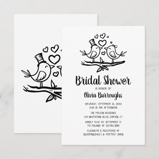 Invitación Aves Personalizado Black White Lovebirds Bridal Sh (Anverso / Reverso)