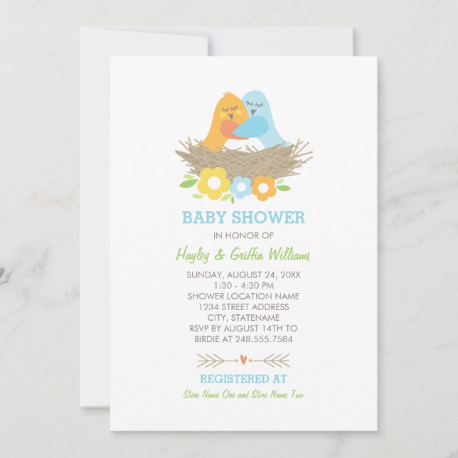 Invitación Aves que anidan Primavera Niño Ducha Naranja Azul (Anverso)
