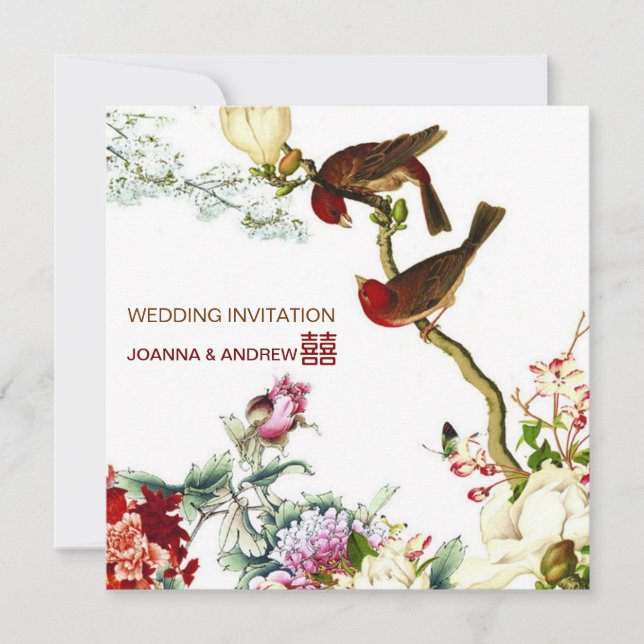 Invitación Aves que florecen flores Bodas chinos © (Anverso)