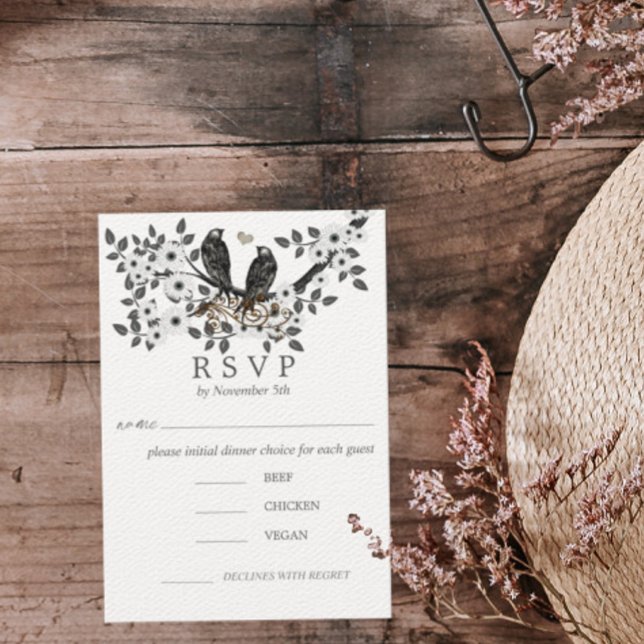 Invitación Aves románticas de amor RSVP rama de flores blanca (Subido por el creador)