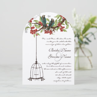 Invitación Aves románticas y Bodas en jaula con flores de cer