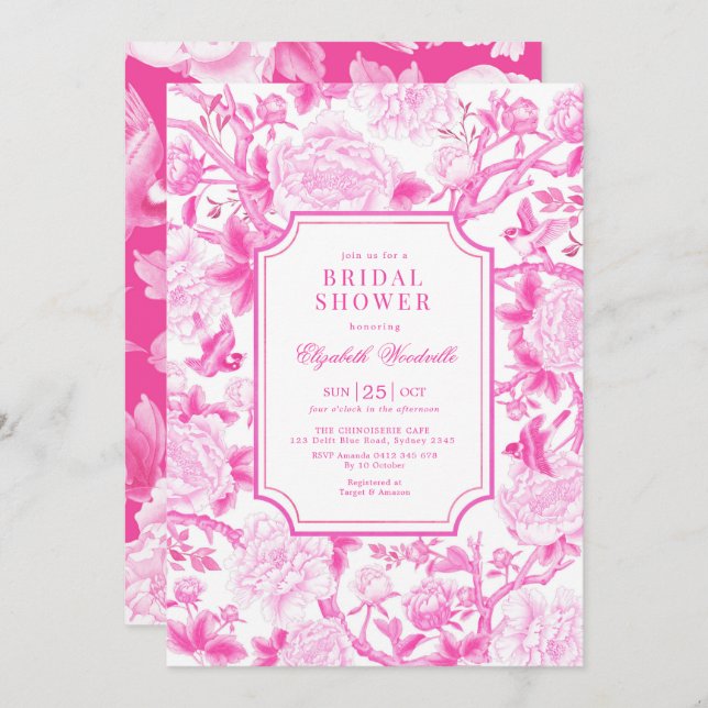 Invitación Aves rosadas y peonies Chinoiserie Ducha de novias (Anverso / Reverso)