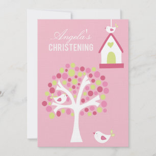 Invitación Aves rosadas y un bautismo de bebé árbol Invitan a