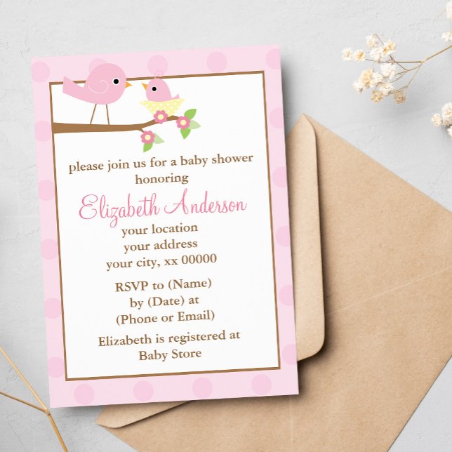 Invitación Aves rosas en un Baby Shower Chica nido (Subido por el creador)