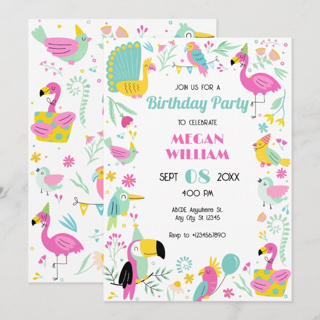 Invitación Aves tropicales coloridas (Anverso / Reverso)