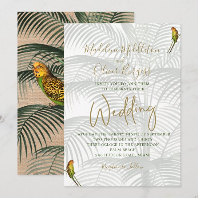 Invitación Aves tropicales de palmera elegante Boda de oro rú (Anverso / Reverso)