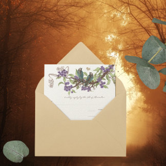 Invitación Aves verde azuladas de cosecha en flores púrpura r