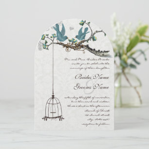 Invitación Aves Verde azuladas de época con jaulas de pájaro
