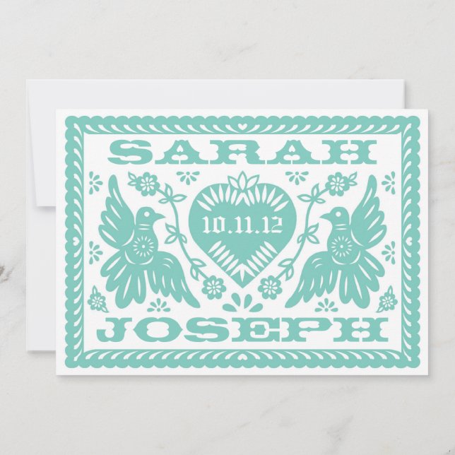 Invitación Aves verde azuladas de Papel Picado (Reverso)