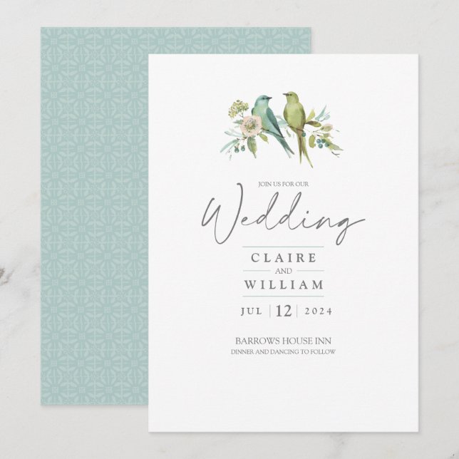 Invitación Aves verdes azules Boda de acuarela botánica (Anverso / Reverso)