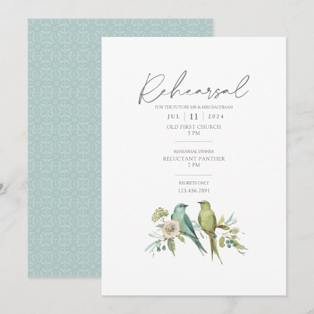 Invitación Aves verdes azules Boda de acuarela botánica (Anverso / Reverso)