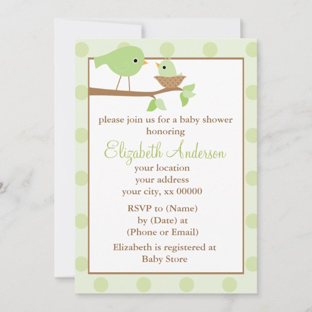 Invitación Aves verdes en un Baby Shower nido (Anverso)