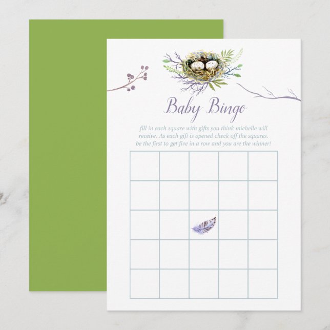 Invitación Aves verdes Gemelos Nest Gemelos Baby Shower Bingo (Anverso / Reverso)