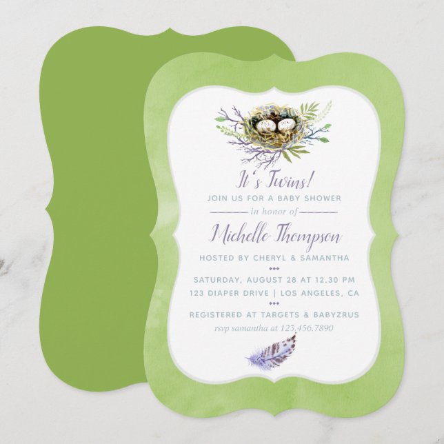 Invitación Aves verdes y gemelos nest Invitan a Baby Shower (Anverso / Reverso)